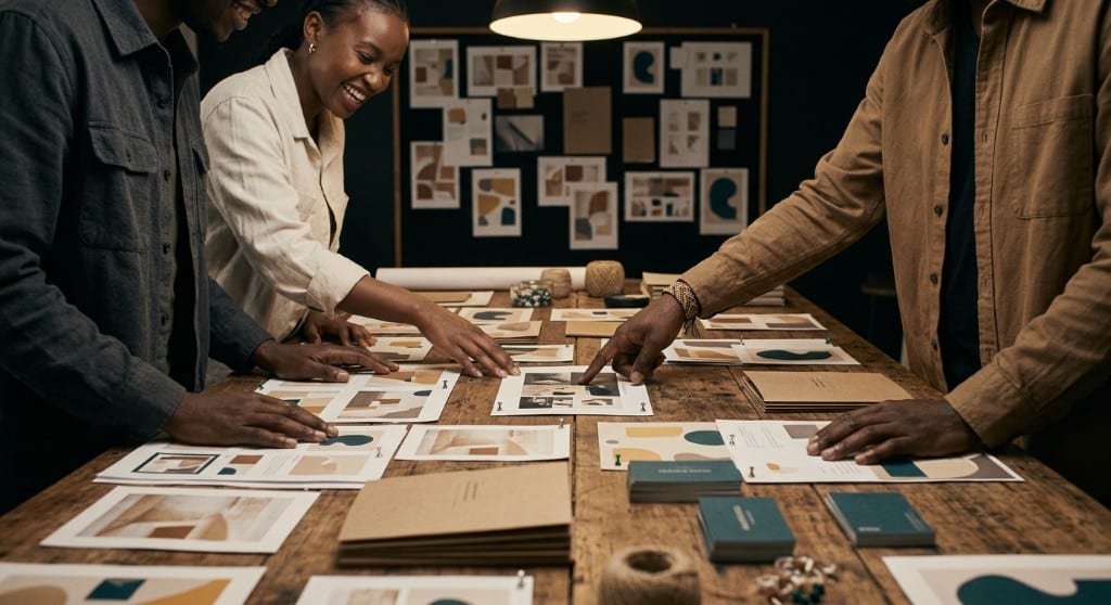 Three designers reviewing printed layouts and stationery together under a pendant lamp