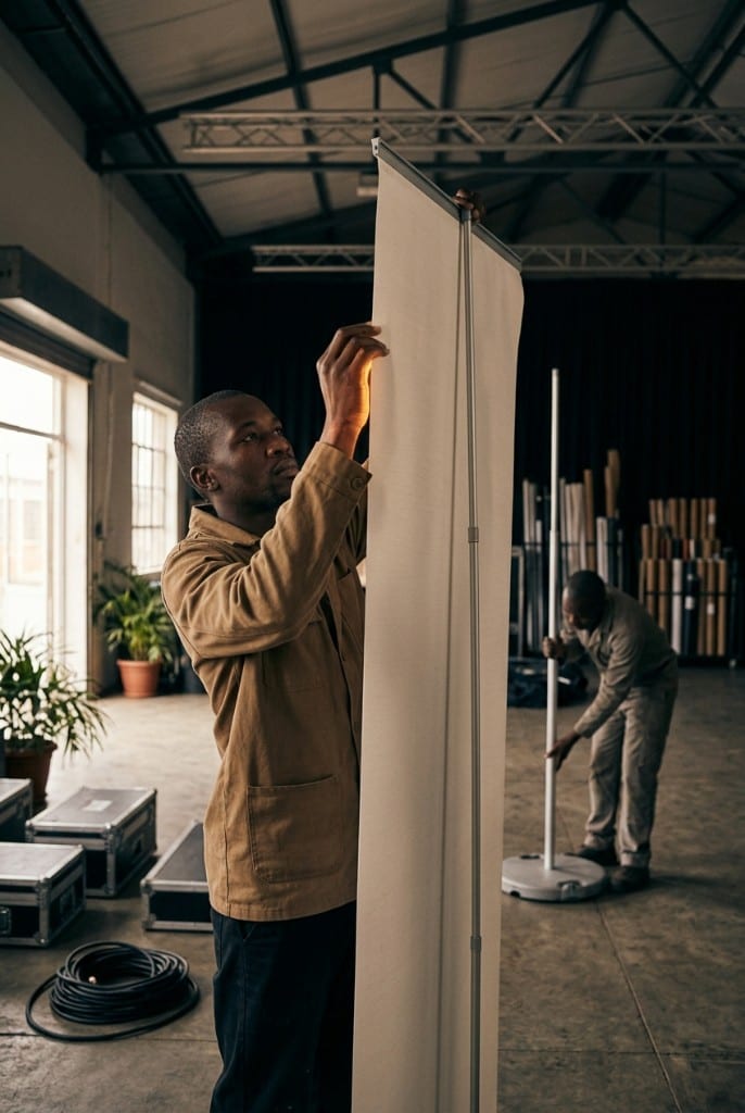 Team member in a tan jacket raising a pull-up banner in a warehouse studio
