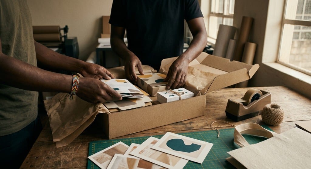 Two people packing printed cards and gift boxes into a kraft shipping carton on a workbench