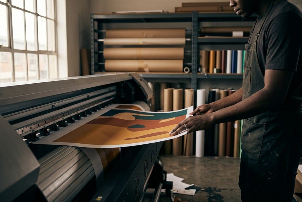 Printer in a dark apron checking a colourful large-format print as it leaves the press