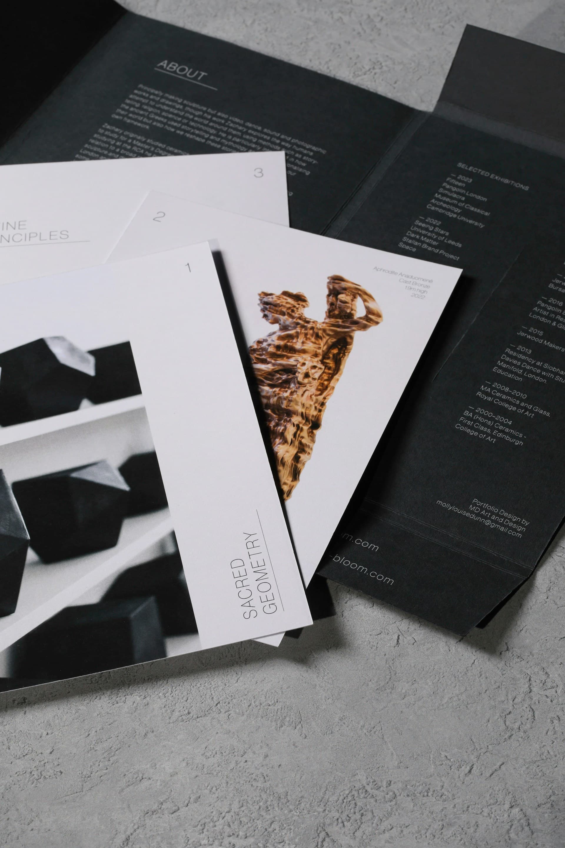 Printed brand collateral laid out on a desk