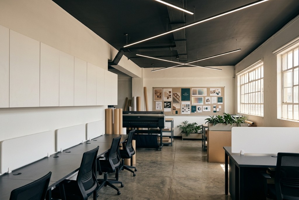Inside the Brown Paper studio — desks, print equipment and kraft paper rolls