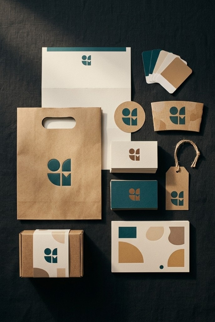 Brand guidelines and colour swatches on a studio table